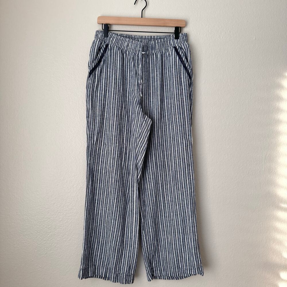 Briggs Womens Blue White Stripe Linen Blend Pants Flowy Stretch Waist Size Large